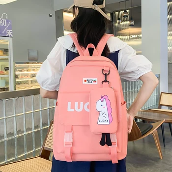 4 db Készletek hátizsák lányoknak Egyszarvú táska nőknek szerencsés iskolatáskák lányoknak Candy színű női hátizsák Kawaii könyvtáska gyerekek