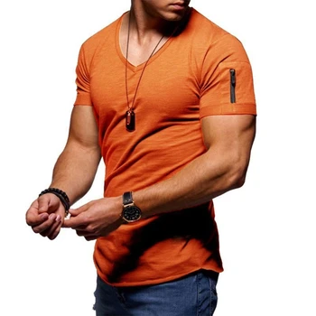 Férfi nyári rövid ujjú zsebes póló V-nyakú egyszínű izom fitnesz pulóver felsők tornaterem edzés fitt testépítés