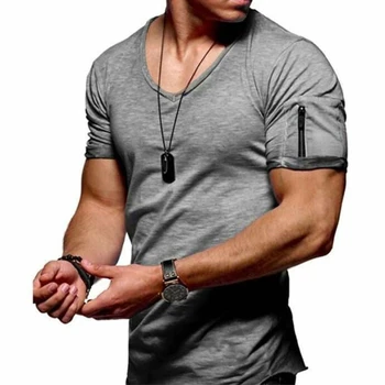 Férfi nyári rövid ujjú zsebes póló V-nyakú egyszínű izom fitnesz pulóver felsők tornaterem edzés fitt testépítés