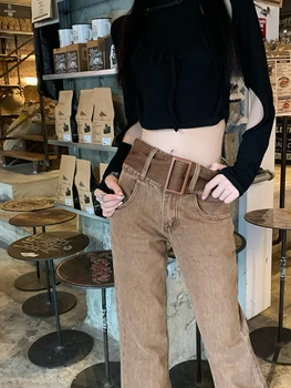 Flare Jeans Women Vintage Őszi Divat Koreai Stílus Hotsweet Nosztalgikus farmer nadrág High Street Chic Mopping College Daily
