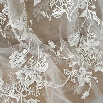 Allover virágok átlátszó flitterekkel Fényes hímzés csipke szövet Kiváló minőségű esküvői ruhához