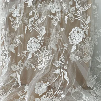 Allover virágok átlátszó flitterekkel Fényes hímzés csipke szövet Kiváló minőségű esküvői ruhához