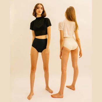 Új retro háromrészes női fürdőruha tömör hálós fürdőruha tömör stílusú szexi magas derekú rövid ujjú fürdőruha párnákkal