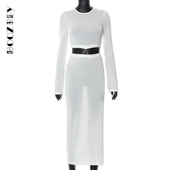BoozRey őszi tömör kerek nyakú hosszú ujjú üreges ruha nőknek White Split elegáns kötött szexi hosszú ujjú Maxi ruha 2022