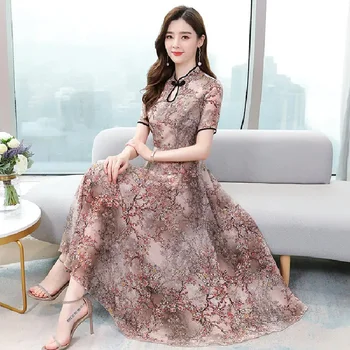 Új kínai stílusú divat női virágmintás Cheongsam vintage rövid ujjú hosszú ruha alkalmi elegáns parti ruházat lányoknak
