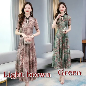 Új kínai stílusú divat női virágmintás Cheongsam vintage rövid ujjú hosszú ruha alkalmi elegáns parti ruházat lányoknak