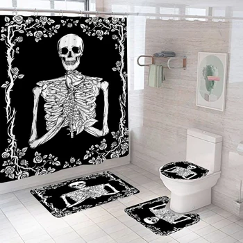 3D nyomtatott fekete vicces csontváz koponya zuhany függöny szett vízálló fürdőszobai függöny csúszásgátló fürdőszőnyeg WC szőnyeg szőnyeg dekoráció