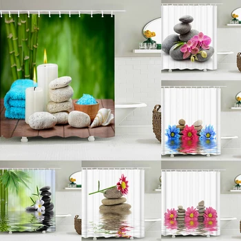 Zen kő zuhanyfüggönyök gyönyörű növényi virágok víz 3D nyomtatott szövet vízálló fürdőszoba függöny lakberendezés Cortina de Baño