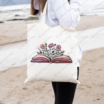 1 db virágos könyvminta táska Ajándék olvasás szerelmeseinek Könnyű vászon válltáska a napi női újrafelhasználható bevásárlótáskához