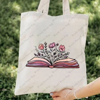 1 db virágos könyvminta táska Ajándék olvasás szerelmeseinek Könnyű vászon válltáska a napi női újrafelhasználható bevásárlótáskához