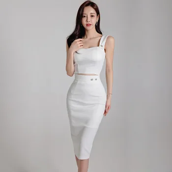 Nyári női ruhák 2023 Új szexi csatos vállpánt rövid felső magas derékú vékony szoknya fehér szettek nők
