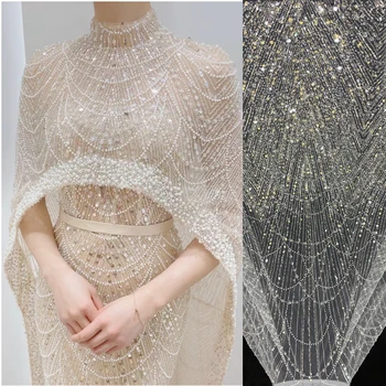 Francia Új nehézipar Dupla gyöngy flitteres hímzés Csipke szövet Kiváló minőségű esküvői estélyi ruhatervező Varró DIY anyag