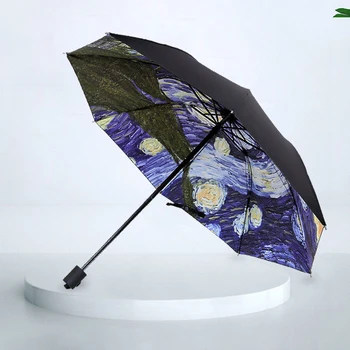Van Gogh csillagos égi olajfestménye, átlátszó esernyő, fekete gumi árnyékolás, UV-védelem, férfiak és nők összecsukható napernyője