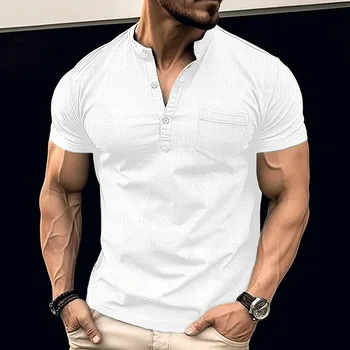 Y2K Summer New Trendyol férfi Henry ing rövid ujjú póló Button Up Stand Collar Oversized pólók Black Men felsők Camiseta
