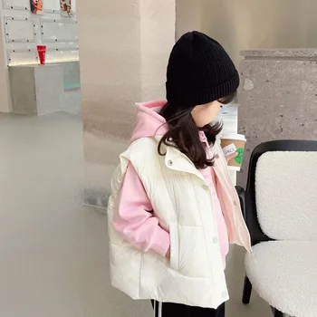 koreai stílus ősz Tél Kisfiú lányok Kabátok Fehér fekete Egymellű gombos cipzáras mellények Zsebes mellények