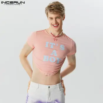 INCERUN felsők 2023 Jóképű férfi vágott íves pólók alkalmi divatos férfi betűmintás rövid ujjú Camiseta S-5XL