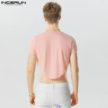 INCERUN felsők 2023 Jóképű férfi vágott íves pólók alkalmi divatos férfi betűmintás rövid ujjú Camiseta S-5XL