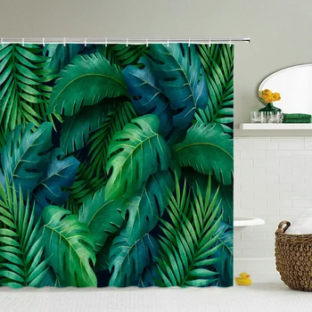 Trópusi zöld növények levelek nyomtatott 3D fürdőfüggönyök vízálló poliészter mosható fürdőszobai zuhany függönyképernyő akasztókkal