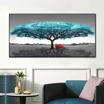 Nagy kék fák Esztétikus vászonfestmények Nyomatok Színes északi személyre szabott gyönyörű fa fali poszterek Képek Szoba dekoráció