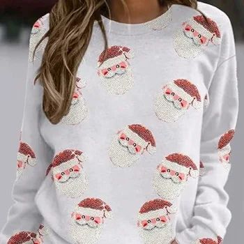 Új nők karácsonyi nyomtatott pulóver karácsonyi újévi party2024Női alkalmi sport hosszú ujjú o nyakú pólófelsők nőknek