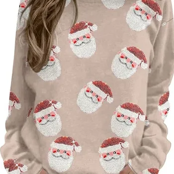 Új nők karácsonyi nyomtatott pulóver karácsonyi újévi party2024Női alkalmi sport hosszú ujjú o nyakú pólófelsők nőknek