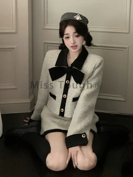Koreai divat elegáns kétrészes szett női masni francia vintage miniszoknya öltöny női meleg irodai hölgy hosszú ujjú alkalmi szett