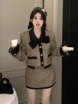 Koreai divat elegáns kétrészes szett női masni francia vintage miniszoknya öltöny női meleg irodai hölgy hosszú ujjú alkalmi szett