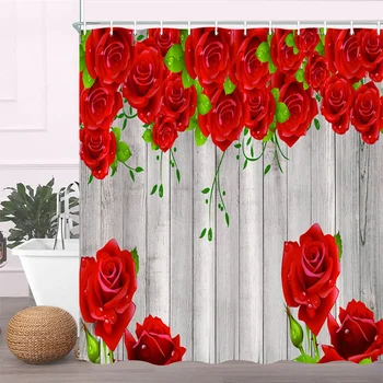 Virágos pillangó fali zuhanyfüggöny szett műkő tégla fal cseresznyevirág piros rózsa virág szövet fürdőfüggöny fürdőszoba dekoráció