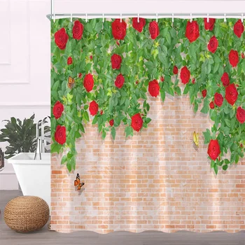 Virágos pillangó fali zuhanyfüggöny szett műkő tégla fal cseresznyevirág piros rózsa virág szövet fürdőfüggöny fürdőszoba dekoráció