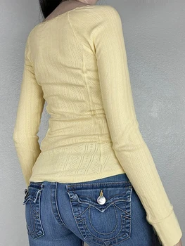 Yassiglia női Y2K esztétikus ing hosszú ujjú karcsú szabású crop topok 90-es évek E-lány Grunge felső aranyos vágott pólók utcai ruházatba