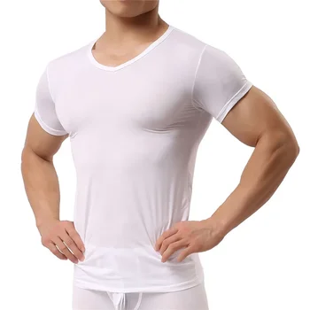 A2299 Férfi alsóing Jégselyem pólók Férfi nylon V-nyakú rövid ujjú felsők Ultravékony menő hálóruha alsóing