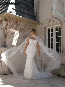 Bájos 3D virágok ujjatlan sellő esküvői ruhák Cape Sweetheart rátétekkel Csipke vidéki menyasszonyi ruhák