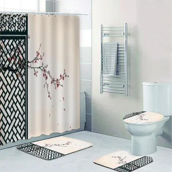 Klasszikus keretezett kínai festmény cseresznyevirágról Tinta rajz zuhanyfüggönyök Keleti ágak Virágok Fürdőszoba kiegészítők szőnyeg