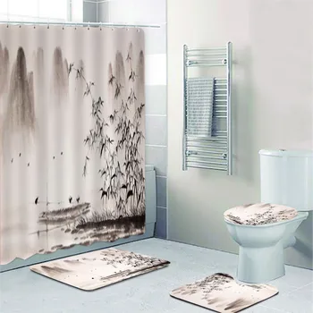 Klasszikus keretezett kínai festmény cseresznyevirágról Tinta rajz zuhanyfüggönyök Keleti ágak Virágok Fürdőszoba kiegészítők szőnyeg