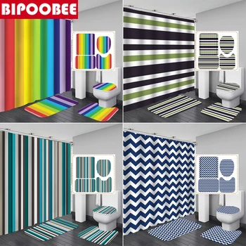 Többszínű csíkok nyomtatás Zuhanyfüggöny Fürdőszoba függönyök Hullámos fürdőszőnyegek Talapzat Szőnyegek WC-fedél fedél Csúszásmentes szőnyeg