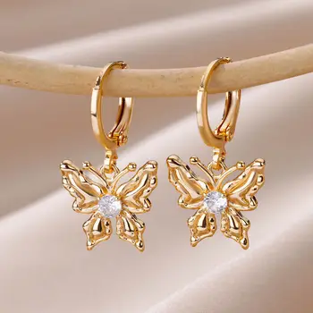 Cirkon pillangó rozsdamentes acél fülbevaló nőknek Arany színű geometriai medál fülbevaló Divatos esztétikus ékszerek karácsonyi ajándék
