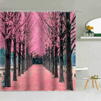 Rózsaszín cseresznyevirágok Táj zuhany Függöny Erdő Virág Road Park Tájkép Fürdőszoba dekoráció Romantikus nő Vízálló függönyök