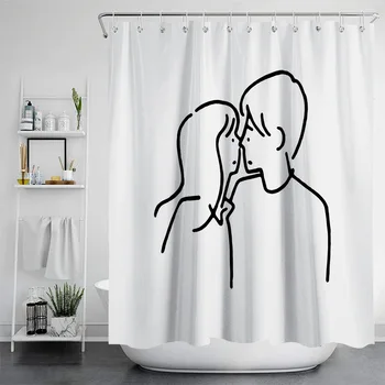 Modern egyszerű művészeti vonalak zuhanyfüggöny vízálló poliészter szövet Fürdőkád képernyő horgokkal Szerelmeseinek otthoni fürdőszoba dekoráció