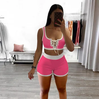 Sweat Suit női rövidnadrág Matching Sets női alkalmi tömör kétrészes szett szexi ujjatlan rózsaszín ruhák felső csipke