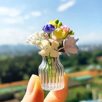 1:6 Babaház miniatűr üveg váza csokor cserepes növény virágcserép Home Garden Model Decor Játékbaba ház kiegészítők