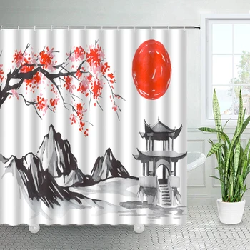 Ink Art Tájkép zuhanyfüggönyök Fehér daru Piros virágok Fuji-hegy Japán stílusú otthoni fürdőszoba Dekor Fürdőkád Fürdőfüggöny szett