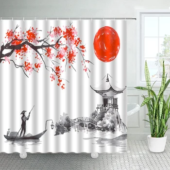 Ink Art Tájkép zuhanyfüggönyök Fehér daru Piros virágok Fuji-hegy Japán stílusú otthoni fürdőszoba Dekor Fürdőkád Fürdőfüggöny szett