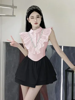 koreai édes fodros patchwork karcsú derékú nyári ruha nők 2023 francia luxus gyémántok torta party ruhák Vestidos Feminino