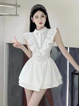 koreai édes fodros patchwork karcsú derékú nyári ruha nők 2023 francia luxus gyémántok torta party ruhák Vestidos Feminino