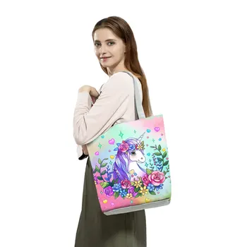 színes divat Aranyos válltáska Újrafelhasználható nagy kapacitású kézitáskák Hordozható táskák Gyönyörű szivárvány egyszarvú nyomtatott