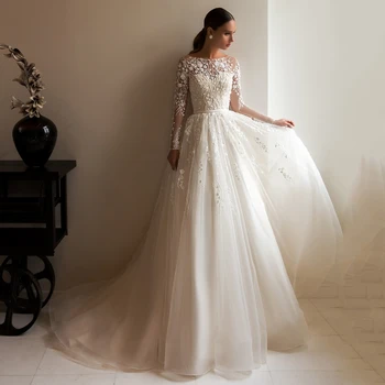 2021 Hosszú ujjú gombóc nyak illúzió rátétes csipke hátlap Organza A-Line csipke Vestidos de novia esküvői ruha