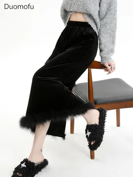 Duomofu fekete hosszú szoknya női téli elegáns magas derekú bársony szoknya női koreai divat tollak patchwork karcsú osztott szoknya