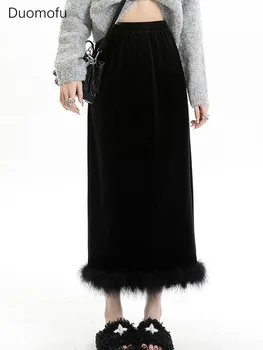 Duomofu fekete hosszú szoknya női téli elegáns magas derekú bársony szoknya női koreai divat tollak patchwork karcsú osztott szoknya