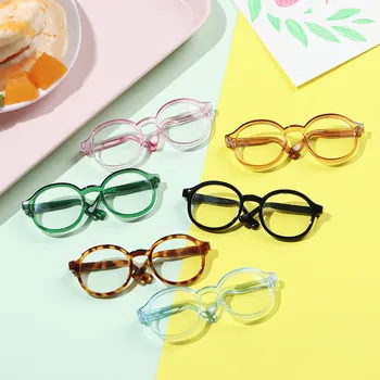 Plüss baba szemüveg kiegészítő kerek keret miniatűr szemüveg átlátszó lencse cukorka színű szemüveg stílus Blythe baba kiegészítőkhöz