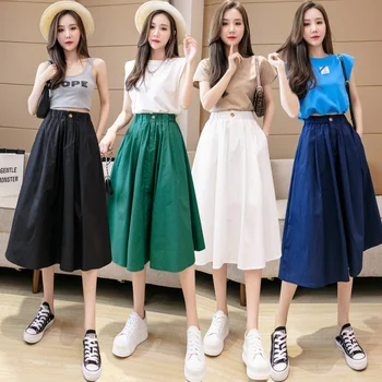 Női nyári zsebes cargo szoknyák Koreai stílusú vintage divat A-line midi szoknya fekete fehér zöld kék térdig érő szoknya